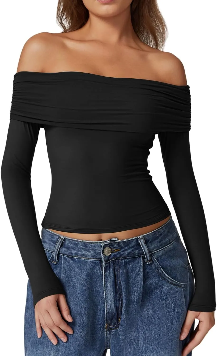 QINSEN Womens Off The Shoulder Tops Double Lined Long Sleeve T Shirts Slim Fitted Stretchy Crop Top