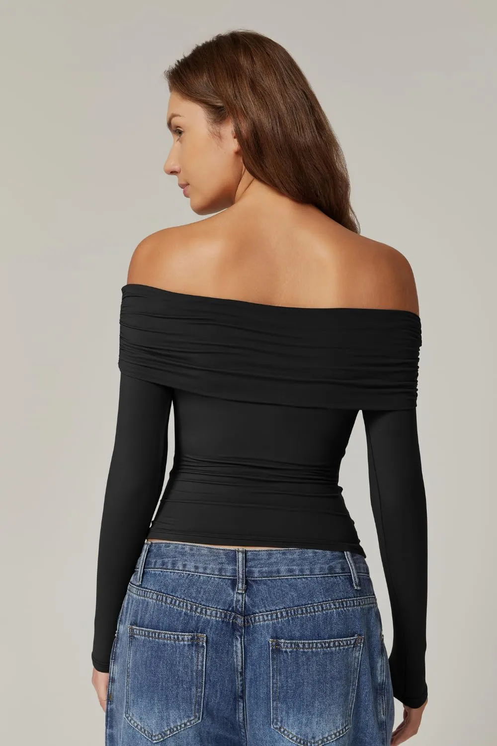QINSEN Womens Off The Shoulder Tops Double Lined Long Sleeve T Shirts Slim Fitted Stretchy Crop Top