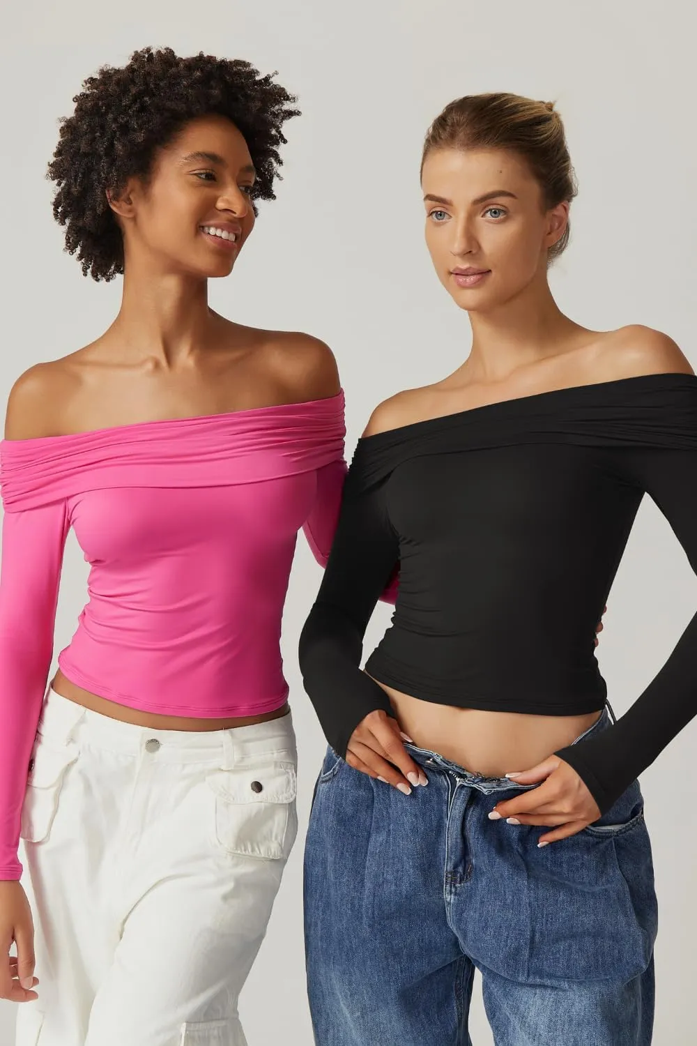 QINSEN Womens Off The Shoulder Tops Double Lined Long Sleeve T Shirts Slim Fitted Stretchy Crop Top