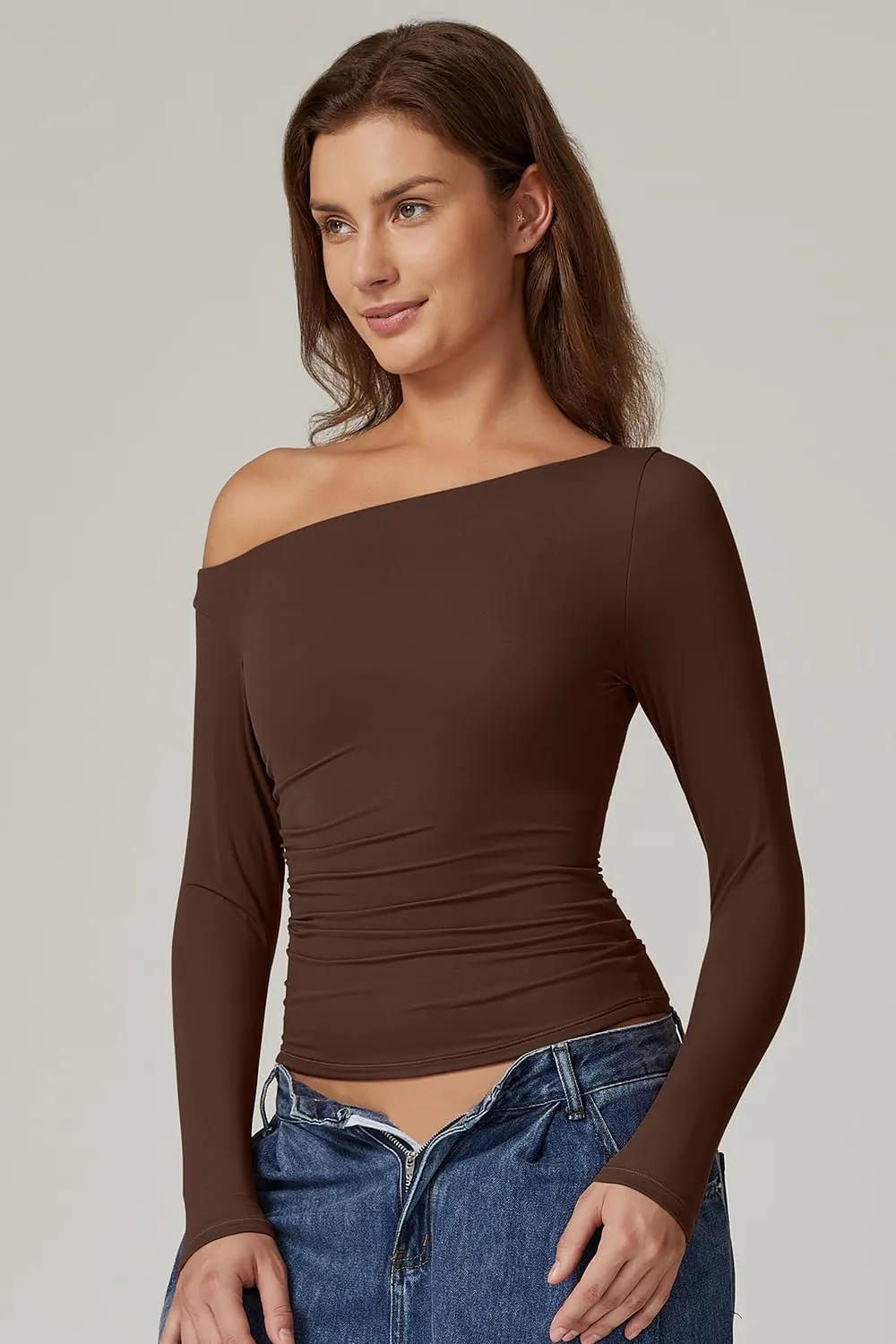 QINSEN Women's Sexy Off Shoulder Shirt Long Sleeve Double Lined Tops Side Ruched Fitted Tees