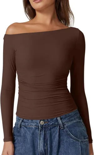 QINSEN Women's Sexy Off Shoulder Shirt Long Sleeve Double Lined Tops Side Ruched Fitted Tees