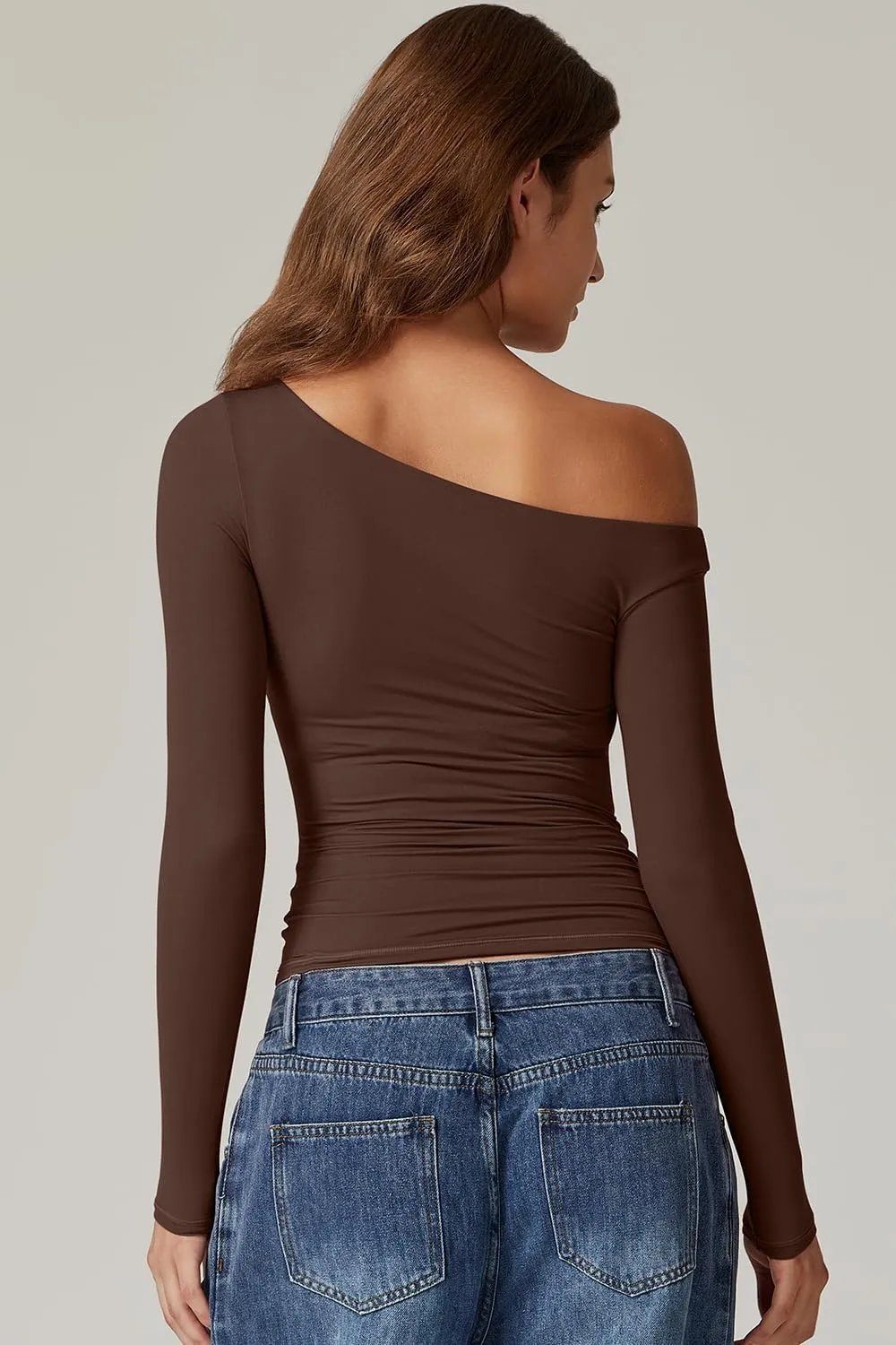 QINSEN Women's Sexy Off Shoulder Shirt Long Sleeve Double Lined Tops Side Ruched Fitted Tees