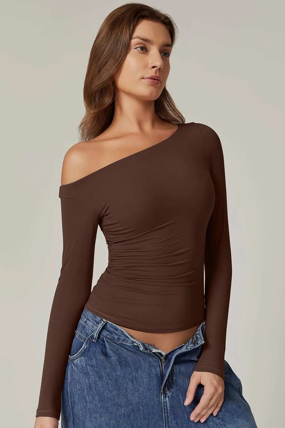 QINSEN Women's Sexy Off Shoulder Shirt Long Sleeve Double Lined Tops Side Ruched Fitted Tees