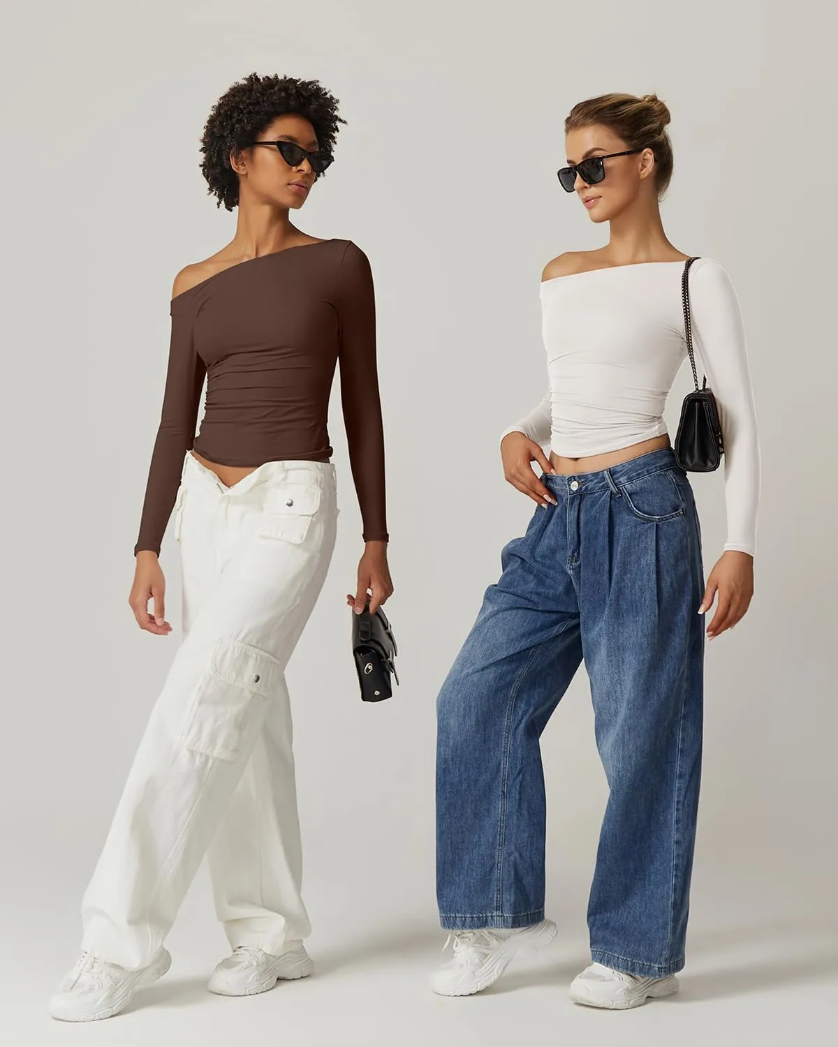 QINSEN Women's Sexy Off Shoulder Shirt Long Sleeve Double Lined Tops Side Ruched Fitted Tees