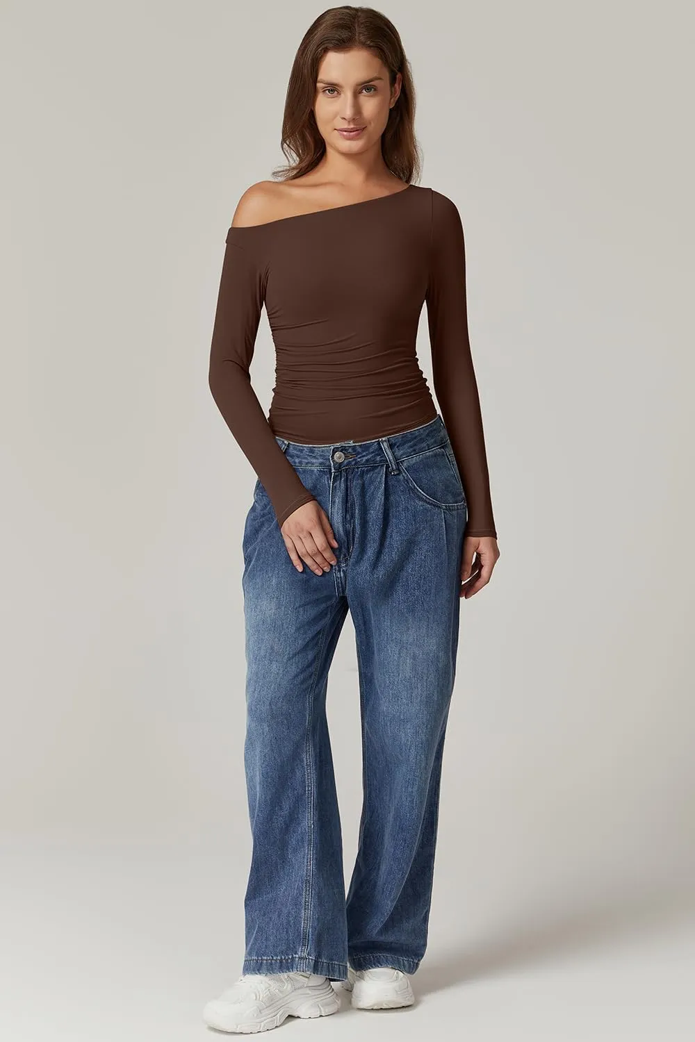 QINSEN Women's Sexy Off Shoulder Shirt Long Sleeve Double Lined Tops Side Ruched Fitted Tees