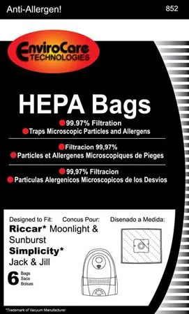Riccar Style Z Moonlight and Sunburst RZH-6 HEPA Canister Vacuum Cleaner Bags - 6 Pack