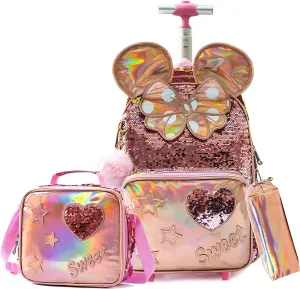 Rolling Backpack for Girls Backpack with Wheels Wheeled Backpack and Lunch Bag Set for Girls Rolling Suitcase