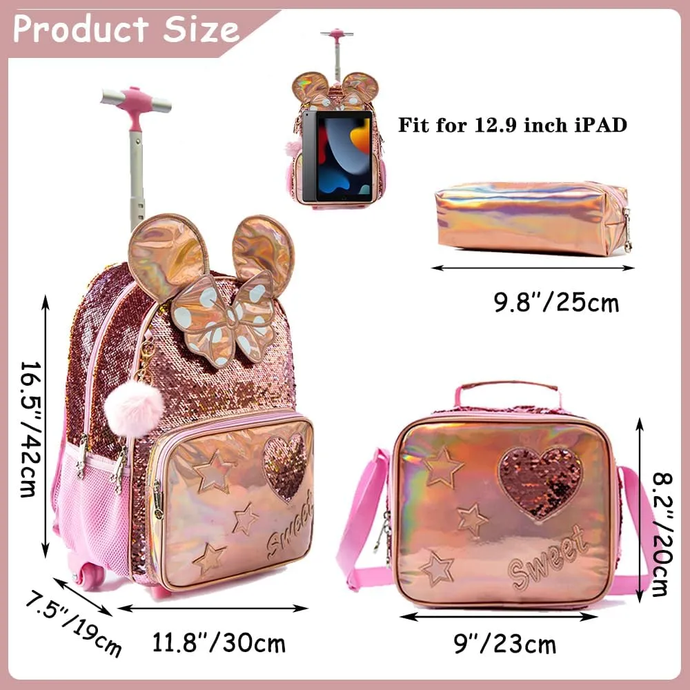 Rolling Backpack for Girls Backpack with Wheels Wheeled Backpack and Lunch Bag Set for Girls Rolling Suitcase