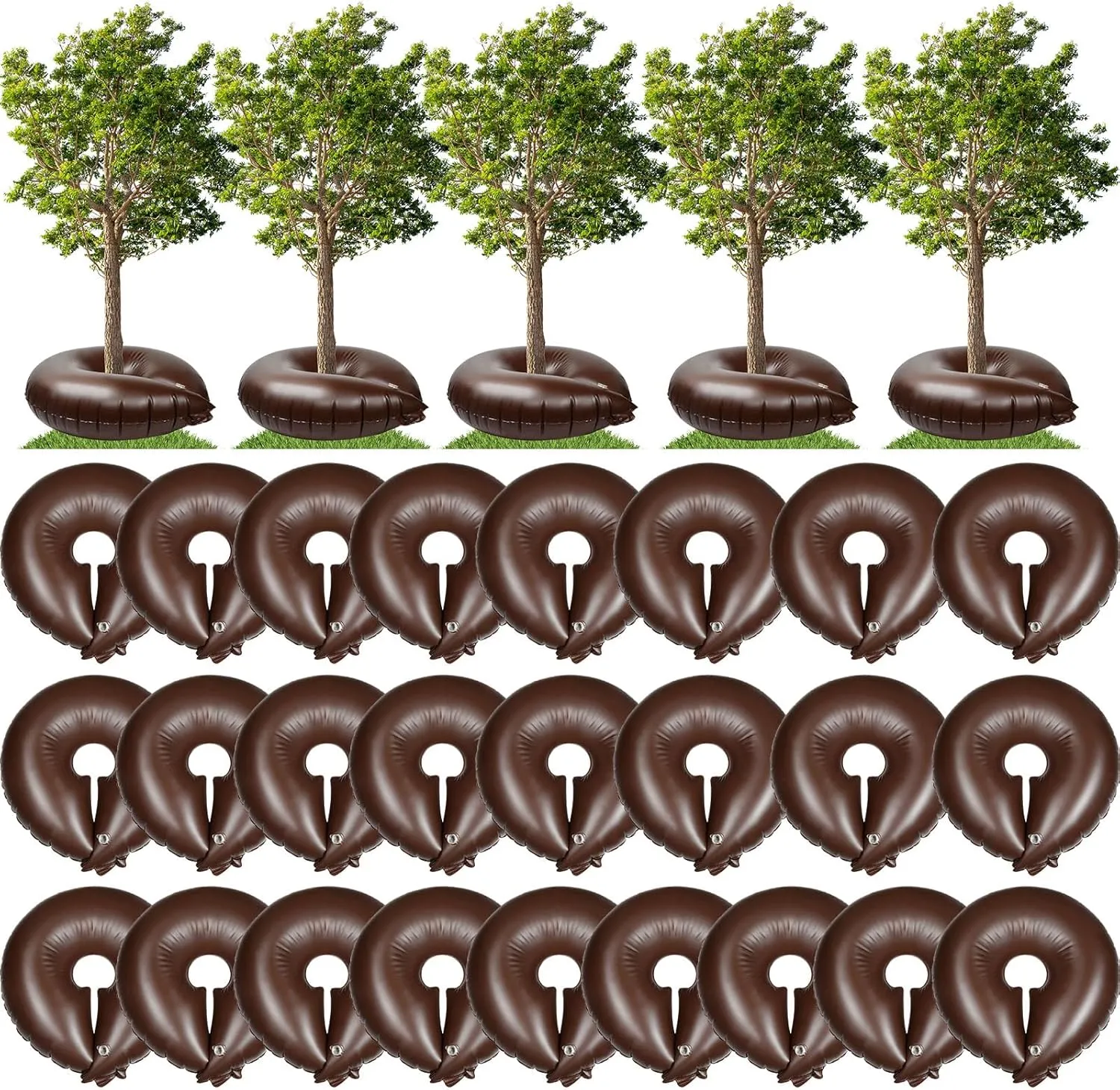 Roshtia 25 Pack 15 Gallon Tree Watering Ring Bag Slow Release Reusable Tree Bag Bulk Heavy Duty Automatic Drip Irrigation Ring PVC Root Water System for Garden Newly Planted (Brown)