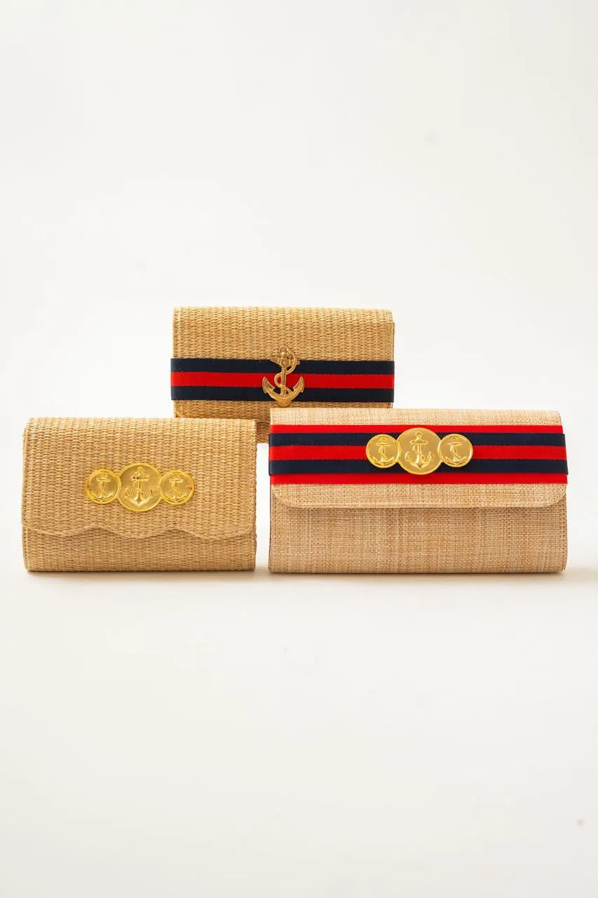 Ruby Straw Clutch -Navy & Red Stripe Band with Charm