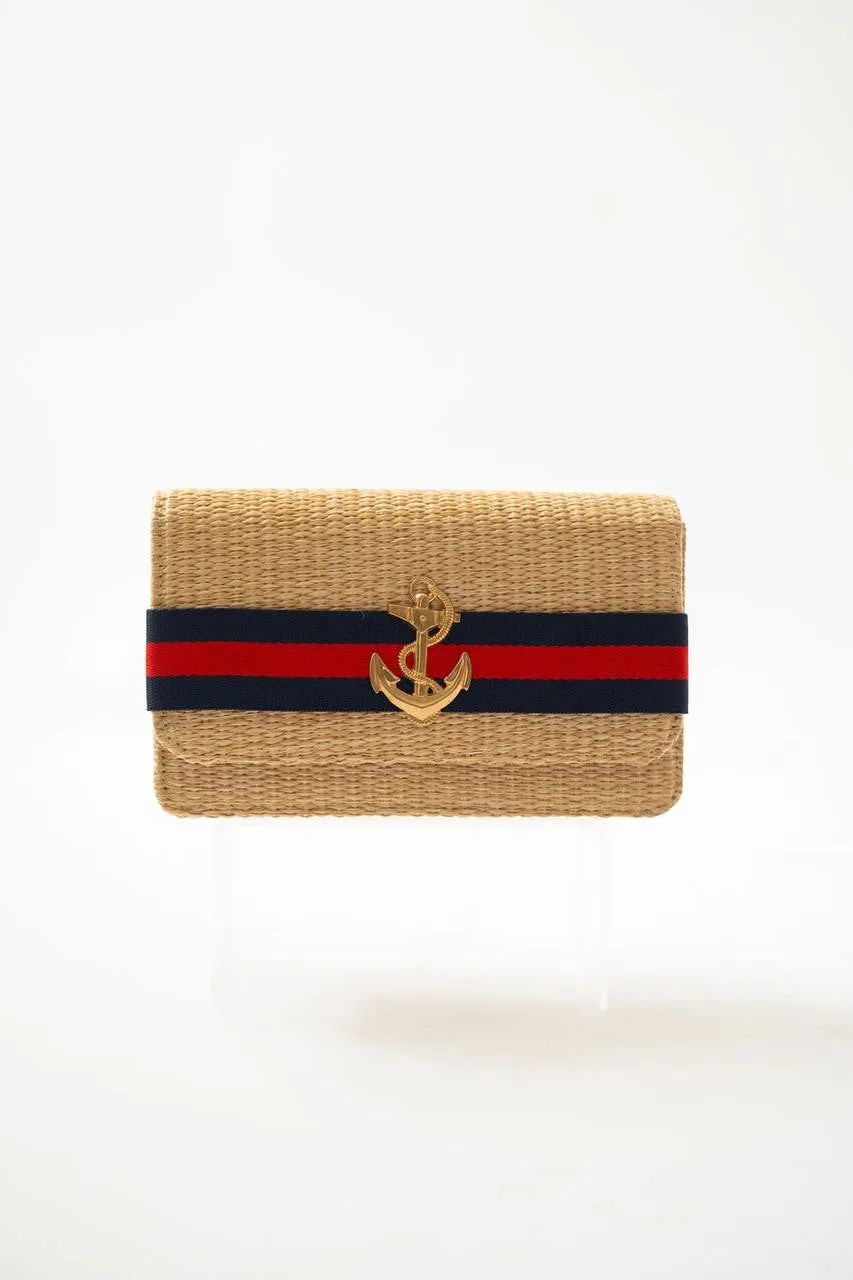 Ruby Straw Clutch -Navy & Red Stripe Band with Charm
