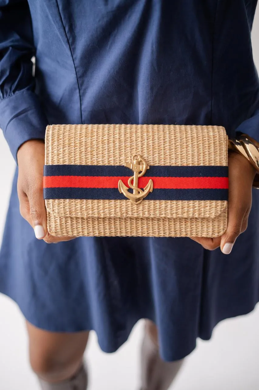 Ruby Straw Clutch -Navy & Red Stripe Band with Charm
