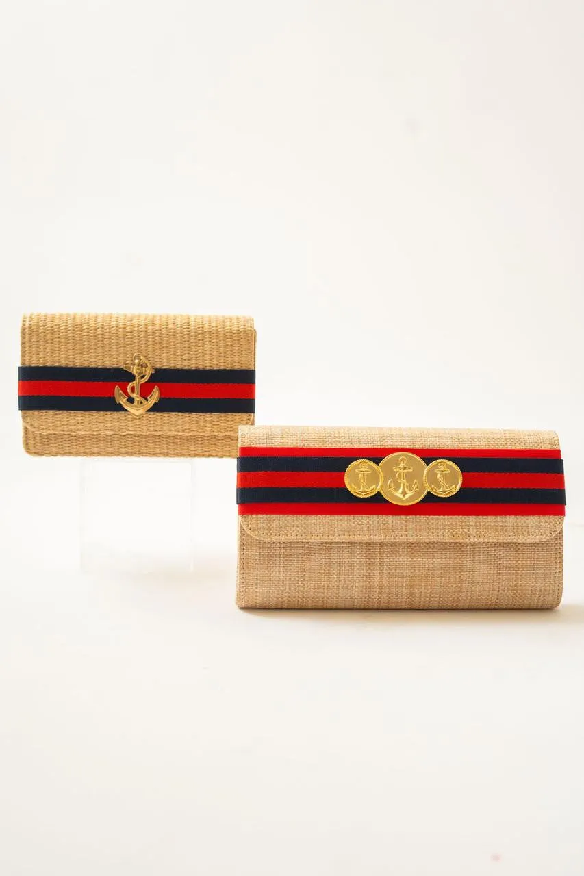 Ruby Straw Clutch -Navy & Red Stripe Band with Charm