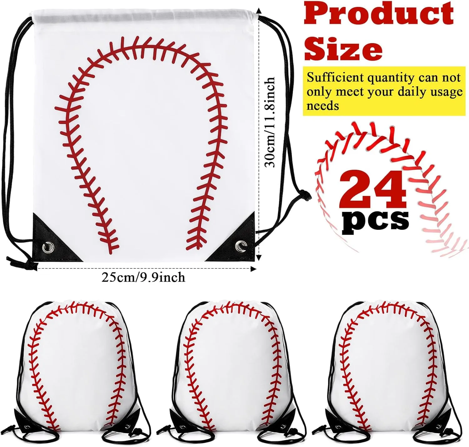 Sadnyy 24 Pcs Baseball Drawstring Bags Softball Goodie Bags Stuffers Baseball Gift Bags Summer Gym Sports Backpack Cinch Sack Bag for Baseball Party Favor(White, Red)