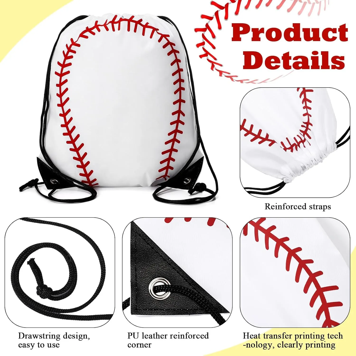Sadnyy 24 Pcs Baseball Drawstring Bags Softball Goodie Bags Stuffers Baseball Gift Bags Summer Gym Sports Backpack Cinch Sack Bag for Baseball Party Favor(White, Red)