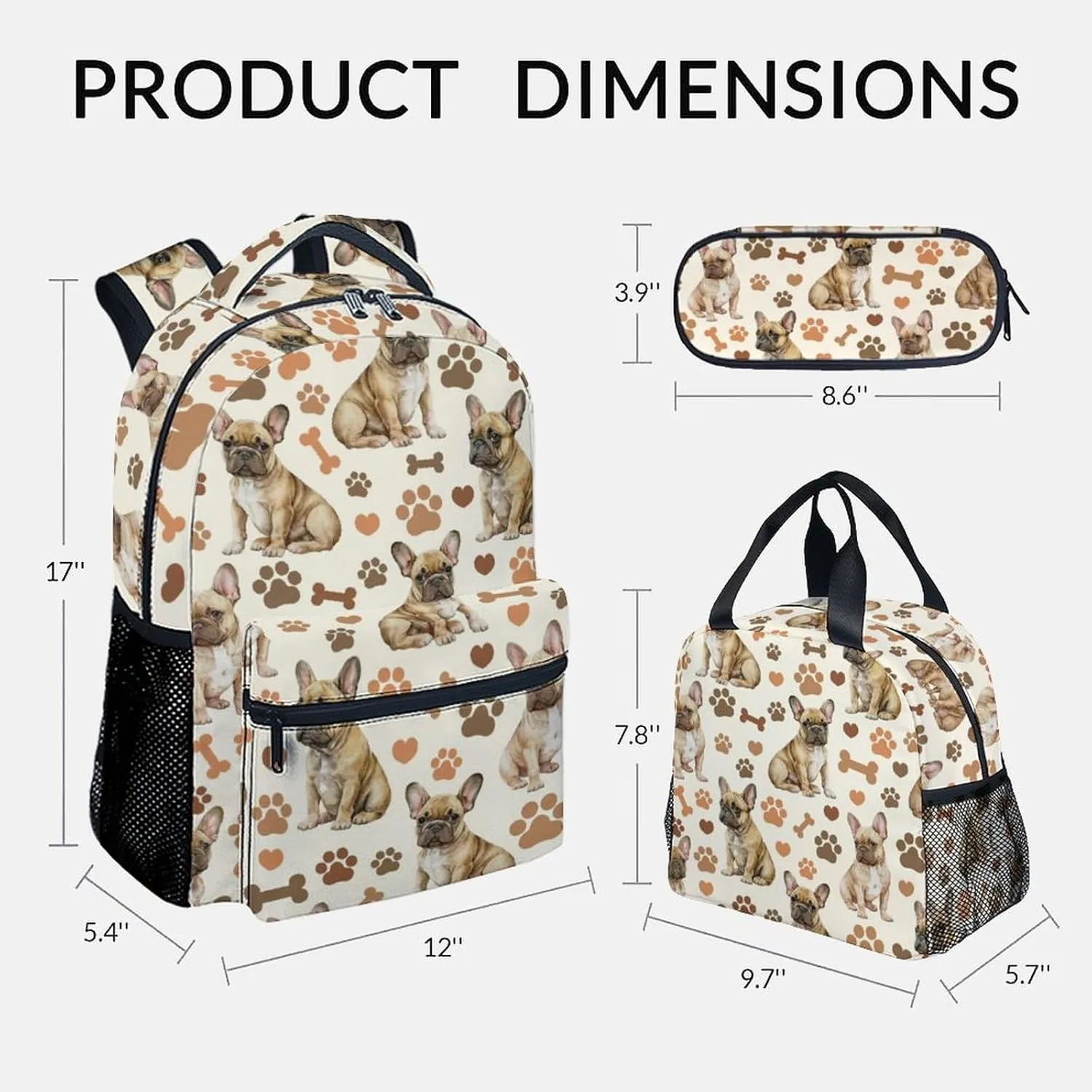 School Backpack Set for Kids, Cute Bulldogs Backpack with Lunch Box for School Travel, 17 Inch 3 in 1 Dog Bookbag for Boys Girls