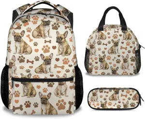 School Backpack Set for Kids, Cute Bulldogs Backpack with Lunch Box for School Travel, 17 Inch 3 in 1 Dog Bookbag for Boys Girls