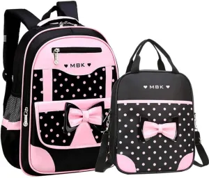 School Bags for Girls,2Pcs Bowknot Students Backpack,Elementary Princess Bookbag Sets for School