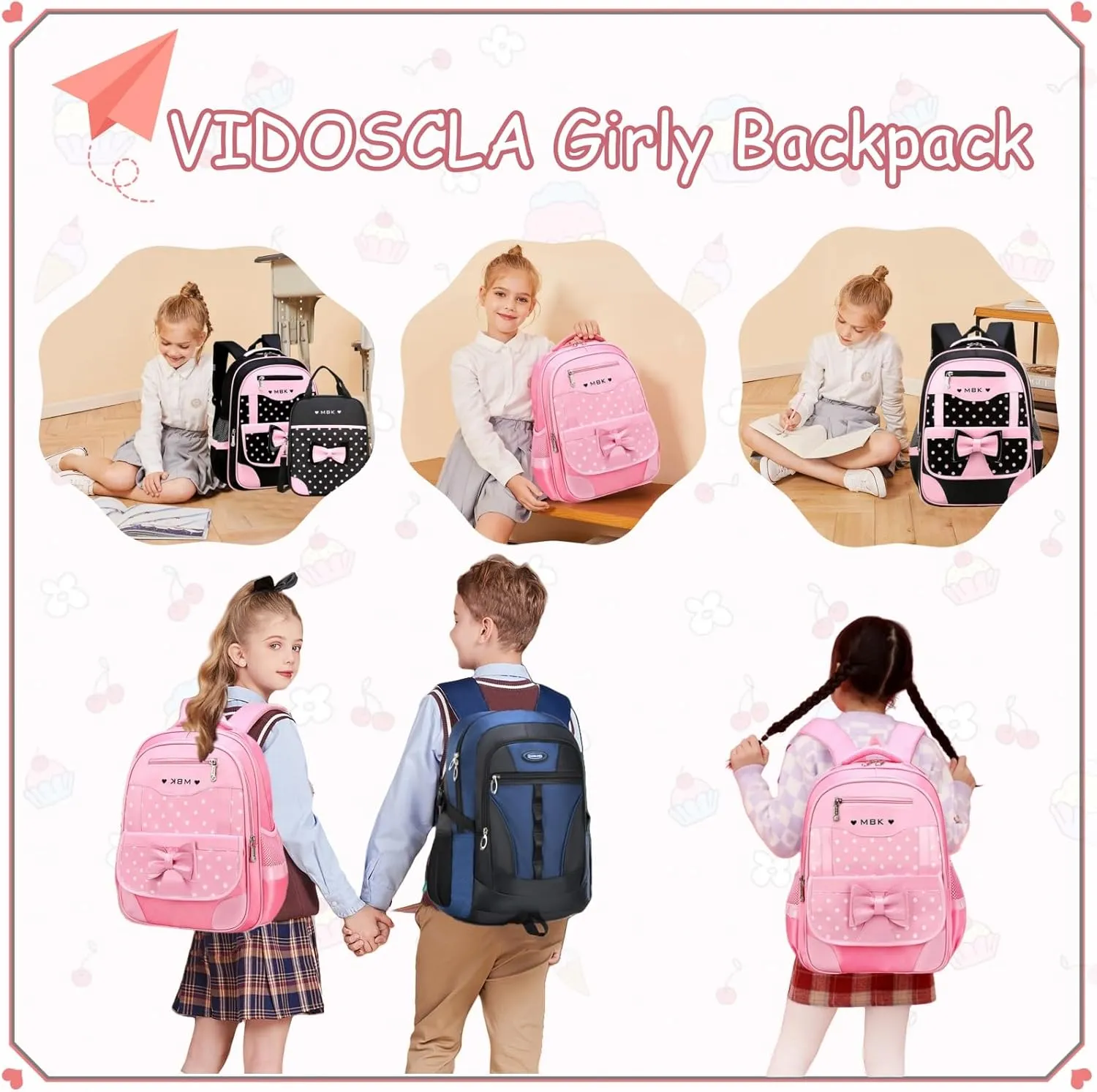 School Bags for Girls,2Pcs Bowknot Students Backpack,Elementary Princess Bookbag Sets for School