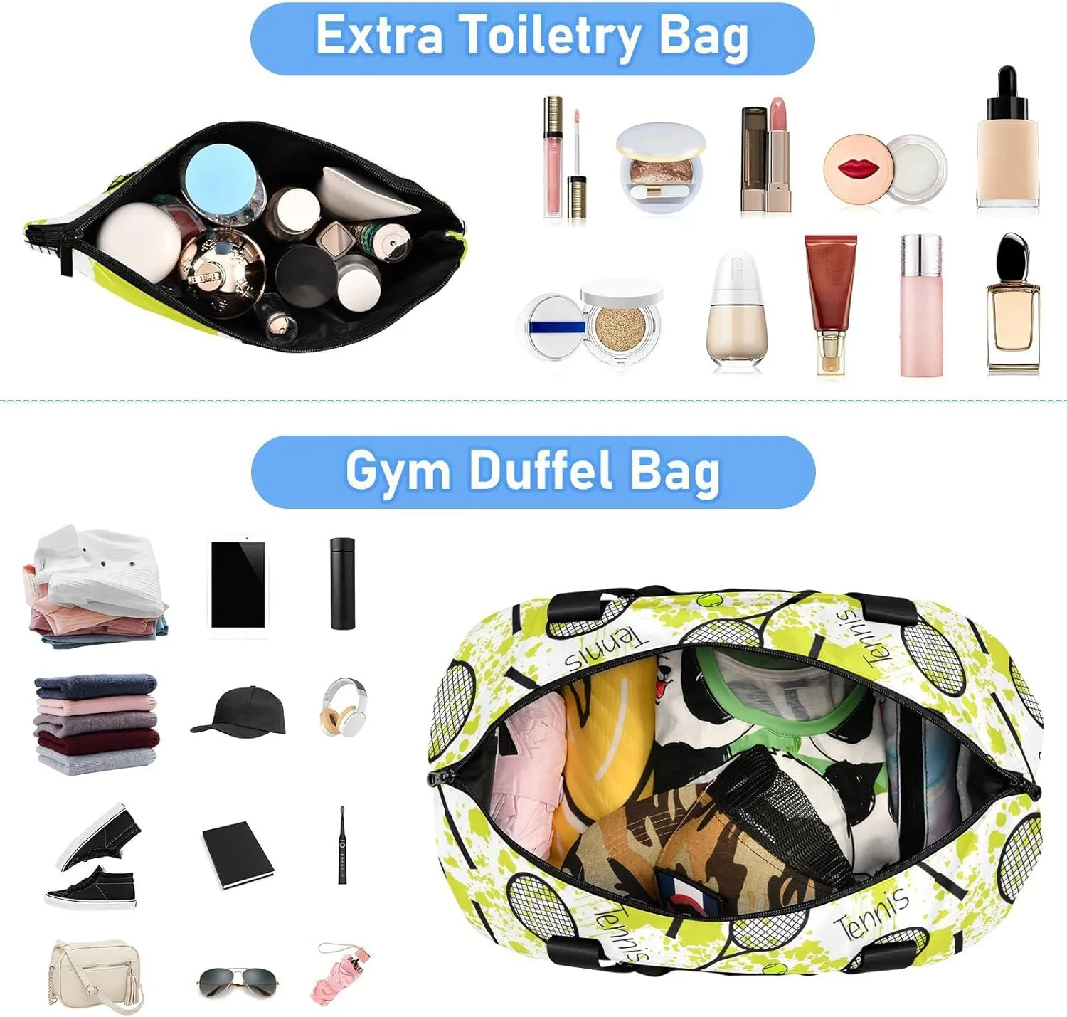 Seamless Black Tennis Rackets Green Balls on Green Blots Stains Gym Duffel Bag, Polyester Travel Weekender Luggage Handbag with Waterproof Pocket for Wet Items, Unisex Foldable Tote for Sports