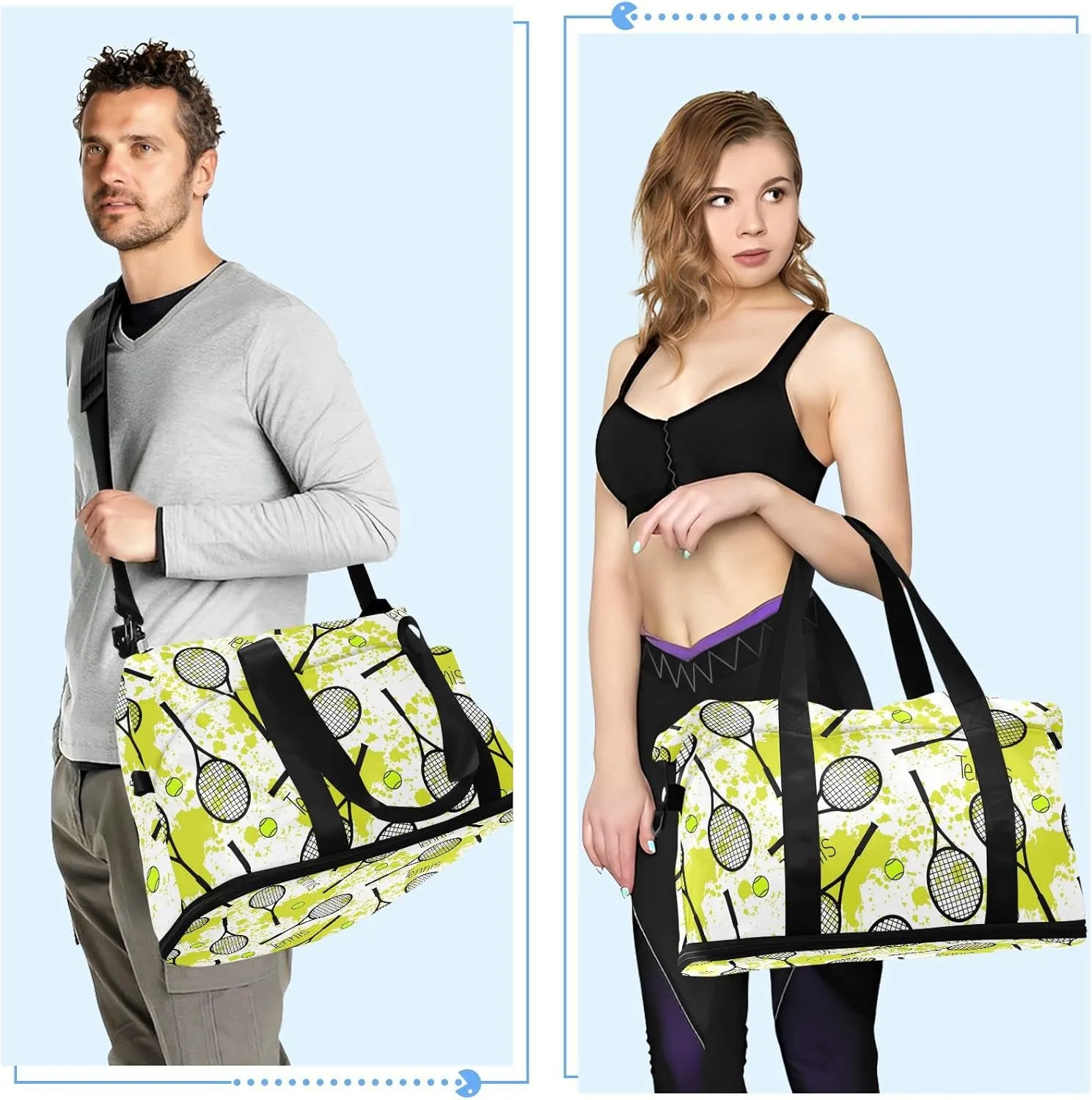 Seamless Black Tennis Rackets Green Balls on Green Blots Stains Gym Duffel Bag, Polyester Travel Weekender Luggage Handbag with Waterproof Pocket for Wet Items, Unisex Foldable Tote for Sports