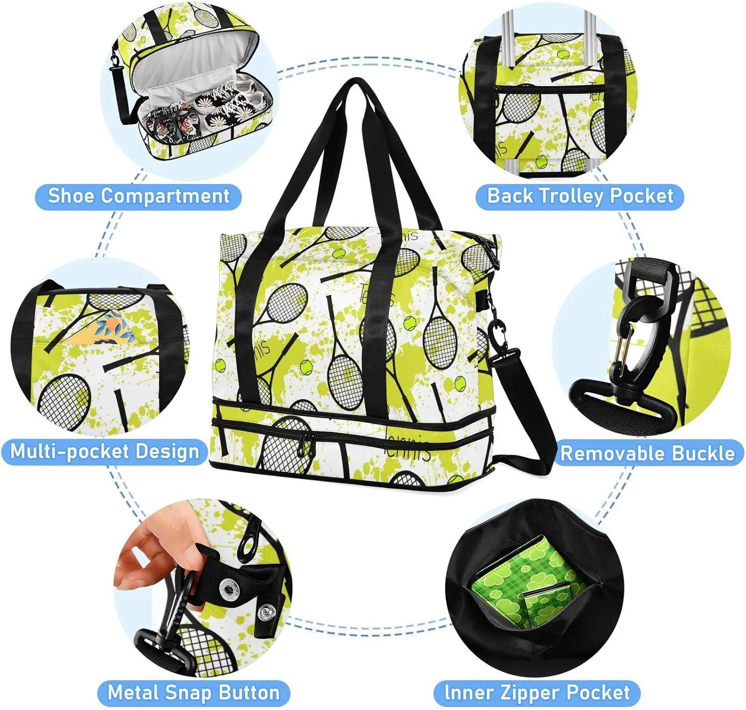 Seamless Black Tennis Rackets Green Balls on Green Blots Stains Gym Duffel Bag, Polyester Travel Weekender Luggage Handbag with Waterproof Pocket for Wet Items, Unisex Foldable Tote for Sports
