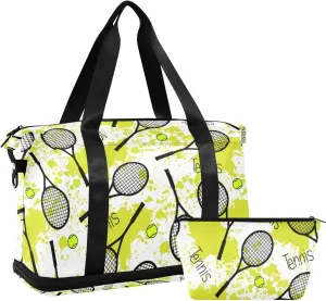 Seamless Black Tennis Rackets Green Balls on Green Blots Stains Gym Duffel Bag, Polyester Travel Weekender Luggage Handbag with Waterproof Pocket for Wet Items, Unisex Foldable Tote for Sports