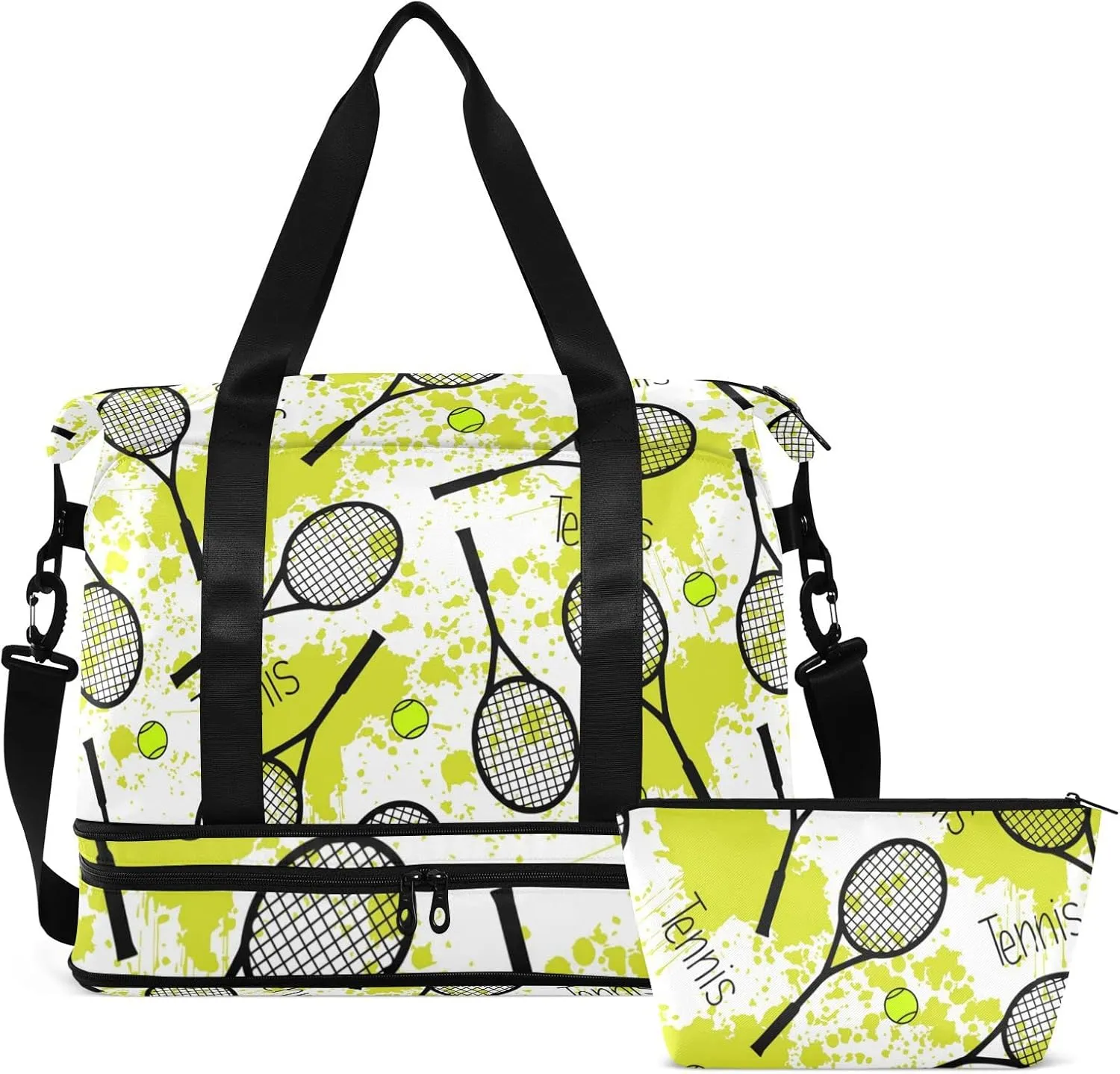Seamless Black Tennis Rackets Green Balls on Green Blots Stains Gym Duffel Bag, Polyester Travel Weekender Luggage Handbag with Waterproof Pocket for Wet Items, Unisex Foldable Tote for Sports