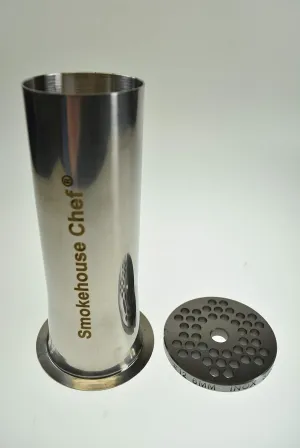 Size #12 1/4" Hamburger grind plate and 2" bag filling tube. Plate is 2 3/4" diameter. STAINLESS STEEL PARTS. Tube is very strong welded component and 6" long. Fits many Hobart Cabelas LEM etc