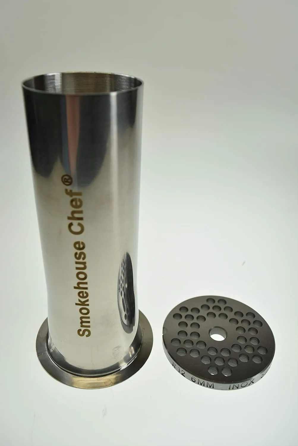 Size #12 1/4" Hamburger grind plate and 2" bag filling tube. Plate is 2 3/4" diameter. STAINLESS STEEL PARTS. Tube is very strong welded component and 6" long. Fits many Hobart Cabelas LEM etc