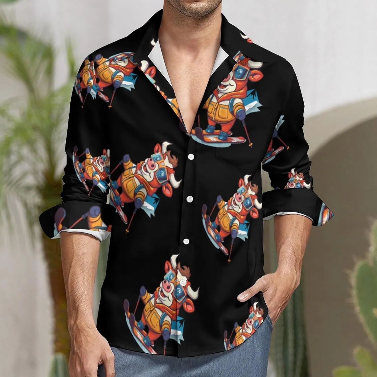 Ski Rider Cow Mens Long Sleeve Shirts Button Down Hawaiian Beach Shirts