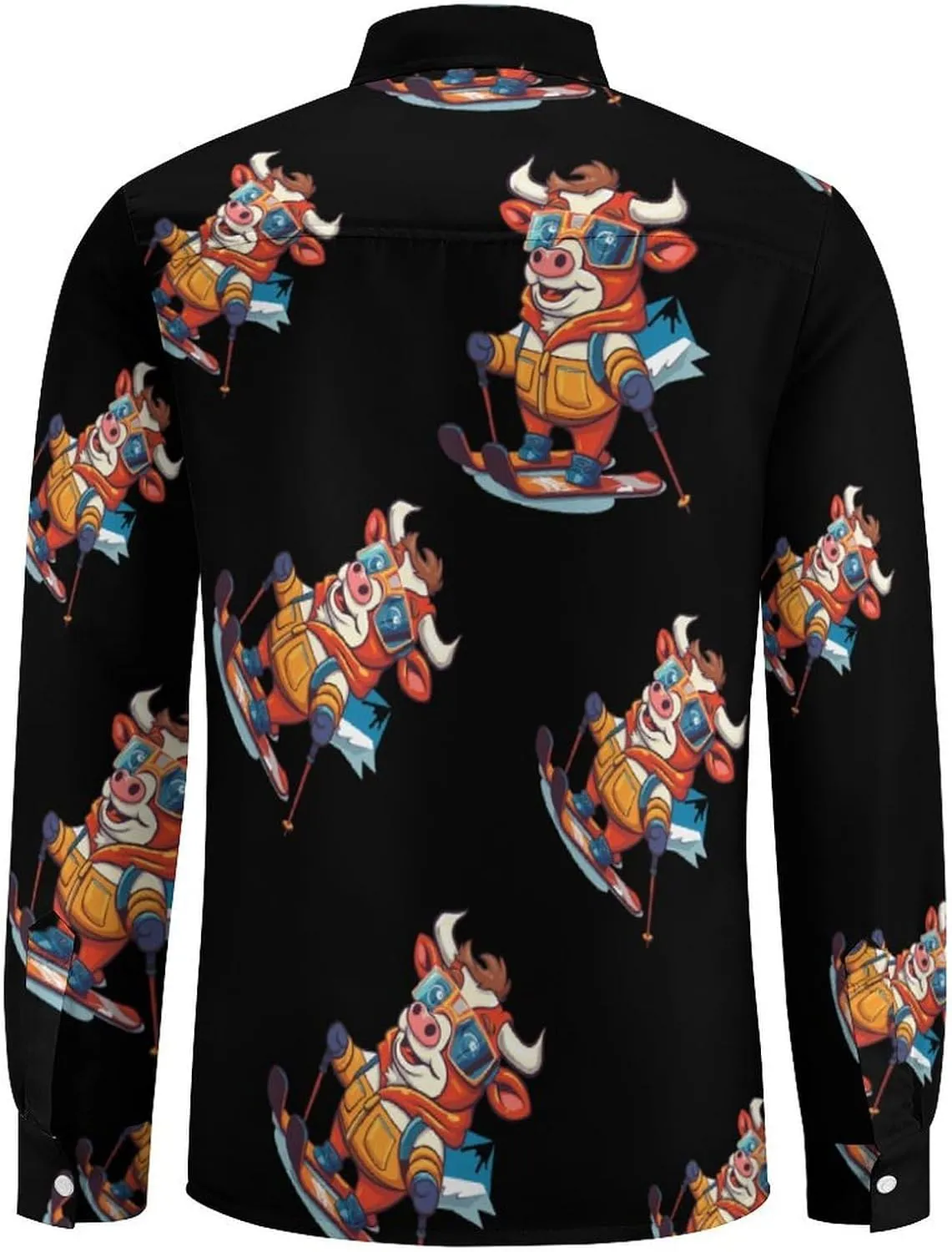 Ski Rider Cow Mens Long Sleeve Shirts Button Down Hawaiian Beach Shirts