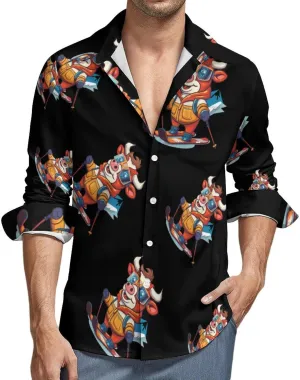 Ski Rider Cow Mens Long Sleeve Shirts Button Down Hawaiian Beach Shirts