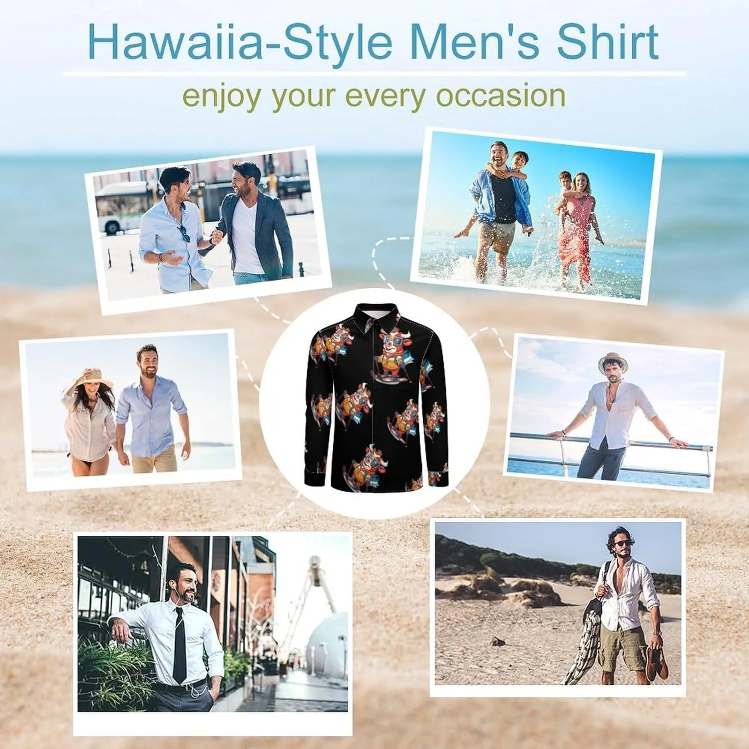 Ski Rider Cow Mens Long Sleeve Shirts Button Down Hawaiian Beach Shirts