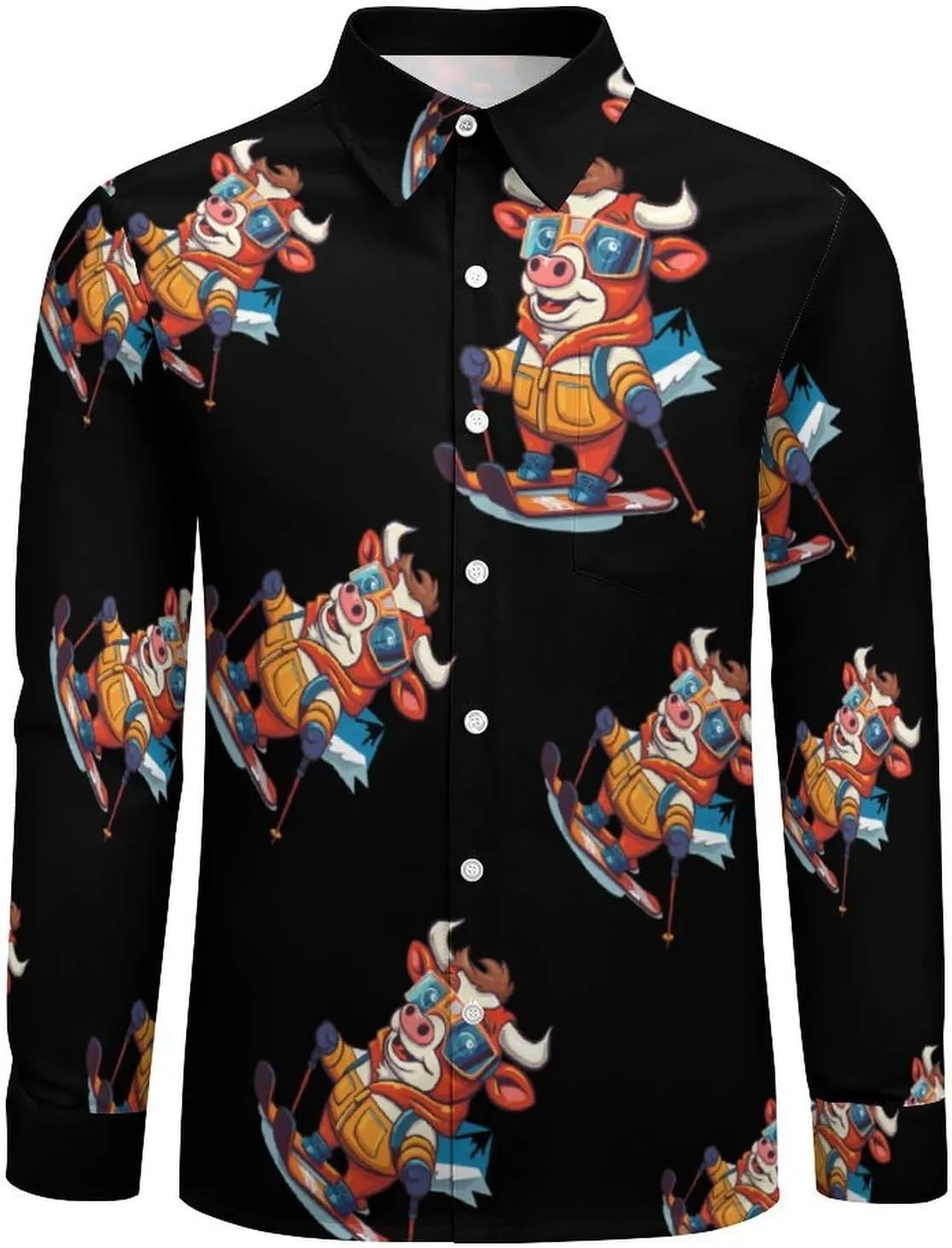 Ski Rider Cow Mens Long Sleeve Shirts Button Down Hawaiian Beach Shirts