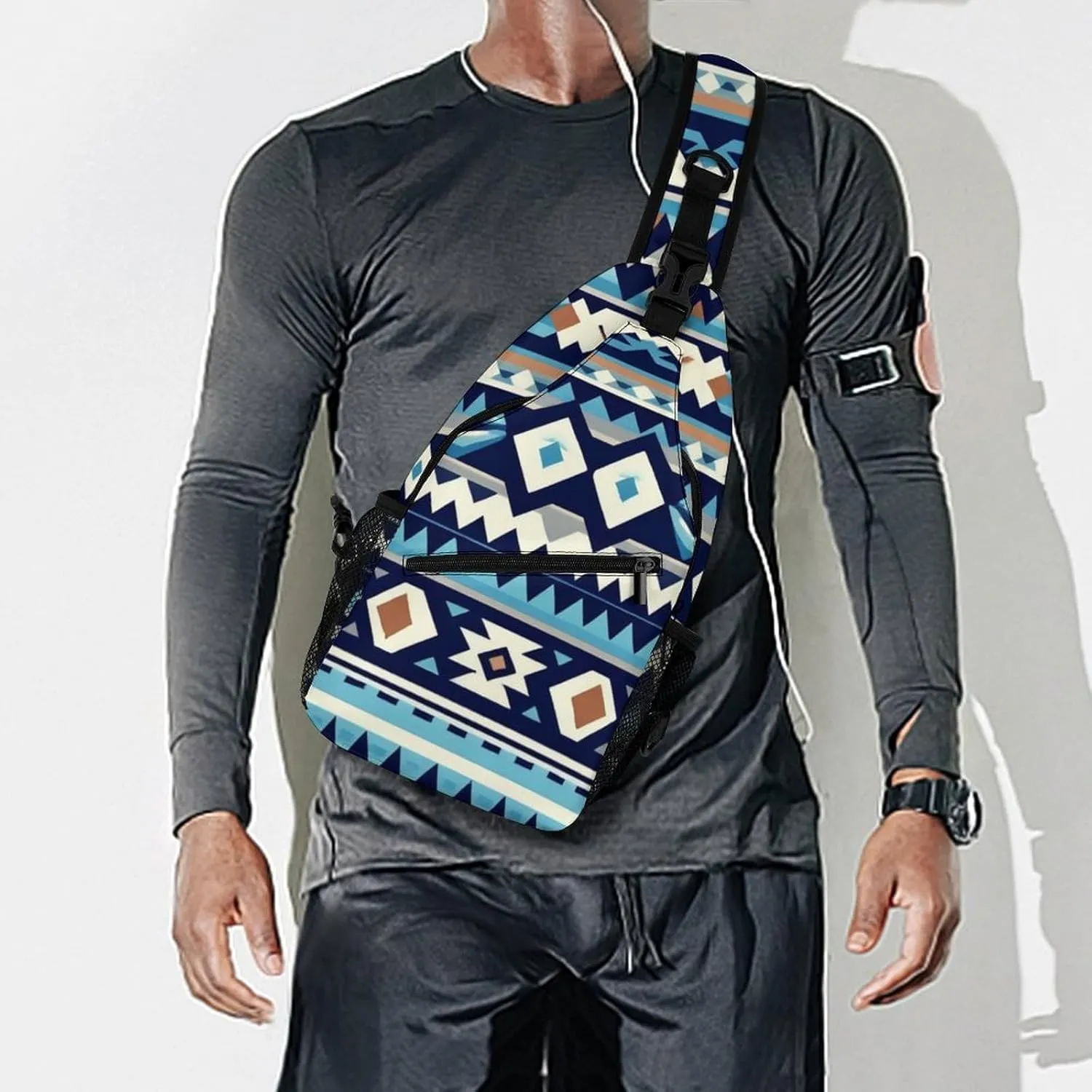 Sling Backpack for Women Men Multipurpose Anti-Theft Gym Crossbody Sack Satchel Outdoor Hiking Bag Tool Backpack, Colorful Surf Blue Tribal Navajo Aztec Geometric Ethnic Crossbody Daypacks Chest Packs