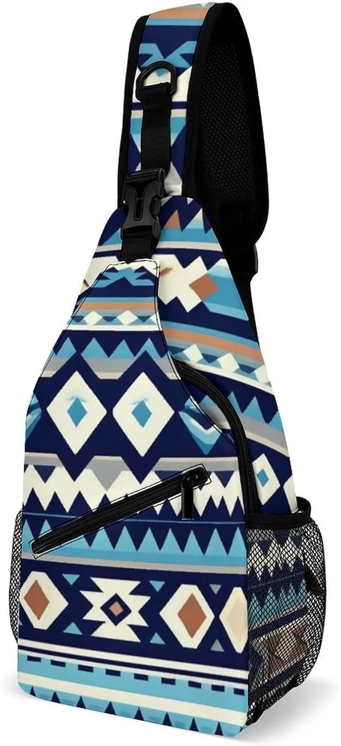 Sling Backpack for Women Men Multipurpose Anti-Theft Gym Crossbody Sack Satchel Outdoor Hiking Bag Tool Backpack, Colorful Surf Blue Tribal Navajo Aztec Geometric Ethnic Crossbody Daypacks Chest Packs