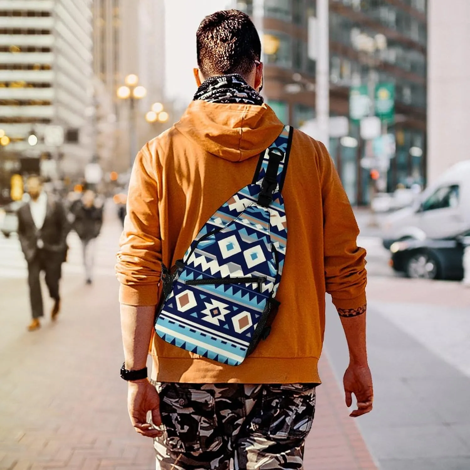 Sling Backpack for Women Men Multipurpose Anti-Theft Gym Crossbody Sack Satchel Outdoor Hiking Bag Tool Backpack, Colorful Surf Blue Tribal Navajo Aztec Geometric Ethnic Crossbody Daypacks Chest Packs