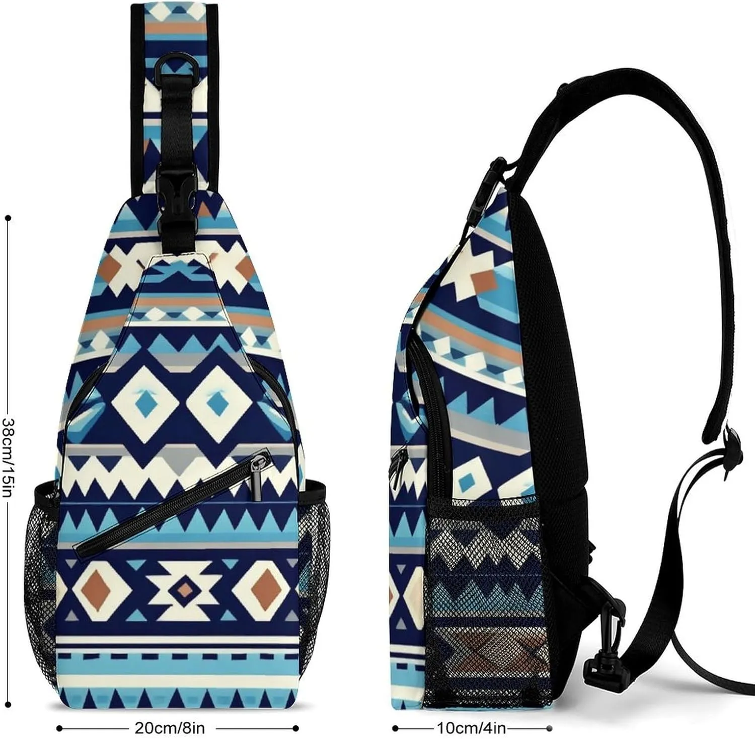 Sling Backpack for Women Men Multipurpose Anti-Theft Gym Crossbody Sack Satchel Outdoor Hiking Bag Tool Backpack, Colorful Surf Blue Tribal Navajo Aztec Geometric Ethnic Crossbody Daypacks Chest Packs