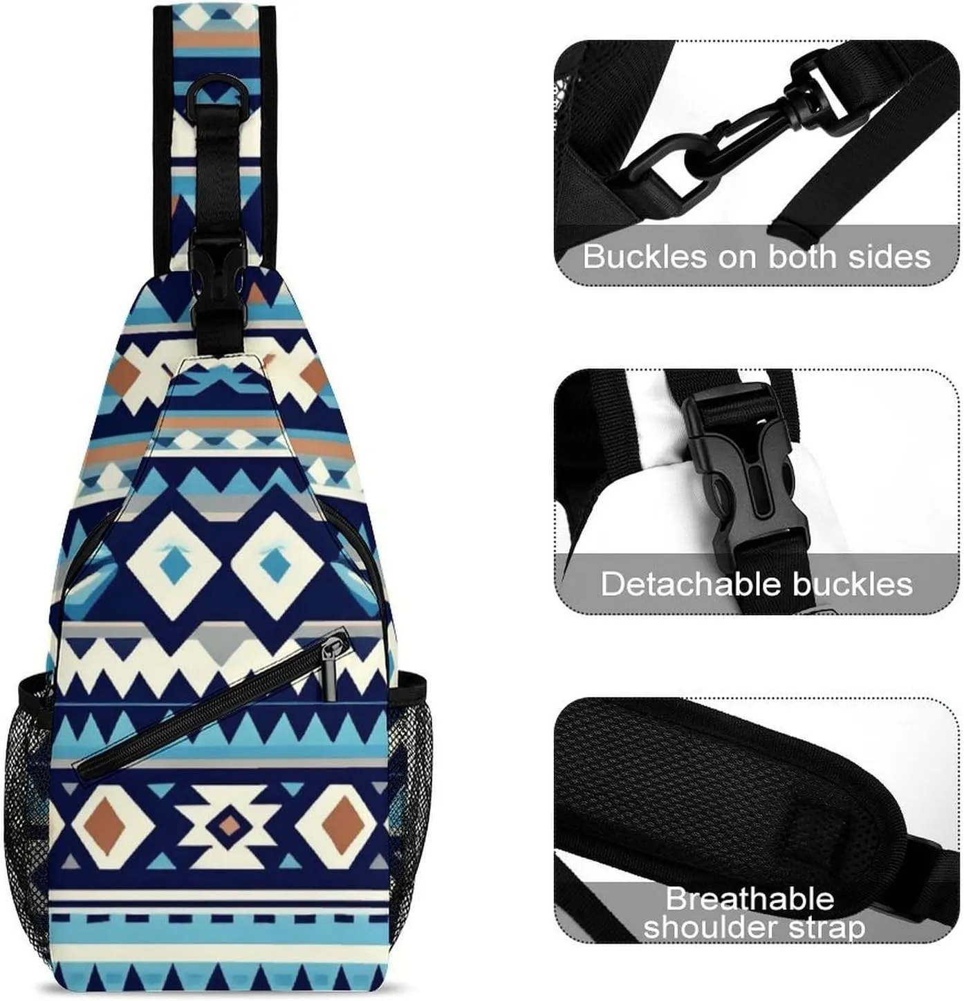 Sling Backpack for Women Men Multipurpose Anti-Theft Gym Crossbody Sack Satchel Outdoor Hiking Bag Tool Backpack, Colorful Surf Blue Tribal Navajo Aztec Geometric Ethnic Crossbody Daypacks Chest Packs