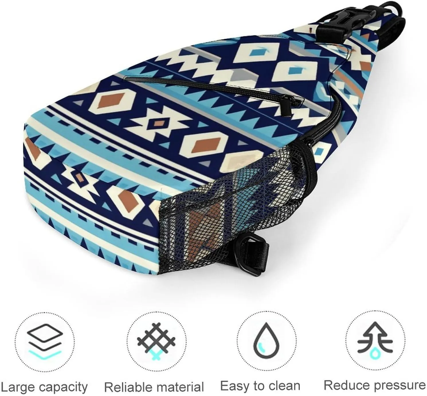 Sling Backpack for Women Men Multipurpose Anti-Theft Gym Crossbody Sack Satchel Outdoor Hiking Bag Tool Backpack, Colorful Surf Blue Tribal Navajo Aztec Geometric Ethnic Crossbody Daypacks Chest Packs