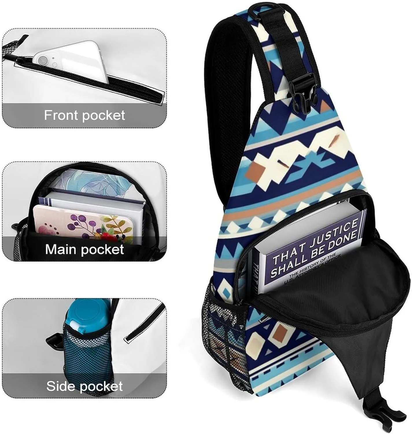 Sling Backpack for Women Men Multipurpose Anti-Theft Gym Crossbody Sack Satchel Outdoor Hiking Bag Tool Backpack, Colorful Surf Blue Tribal Navajo Aztec Geometric Ethnic Crossbody Daypacks Chest Packs