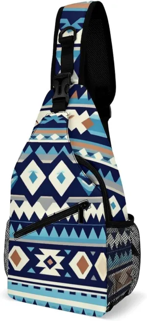 Sling Backpack for Women Men Multipurpose Anti-Theft Gym Crossbody Sack Satchel Outdoor Hiking Bag Tool Backpack, Colorful Surf Blue Tribal Navajo Aztec Geometric Ethnic Crossbody Daypacks Chest Packs