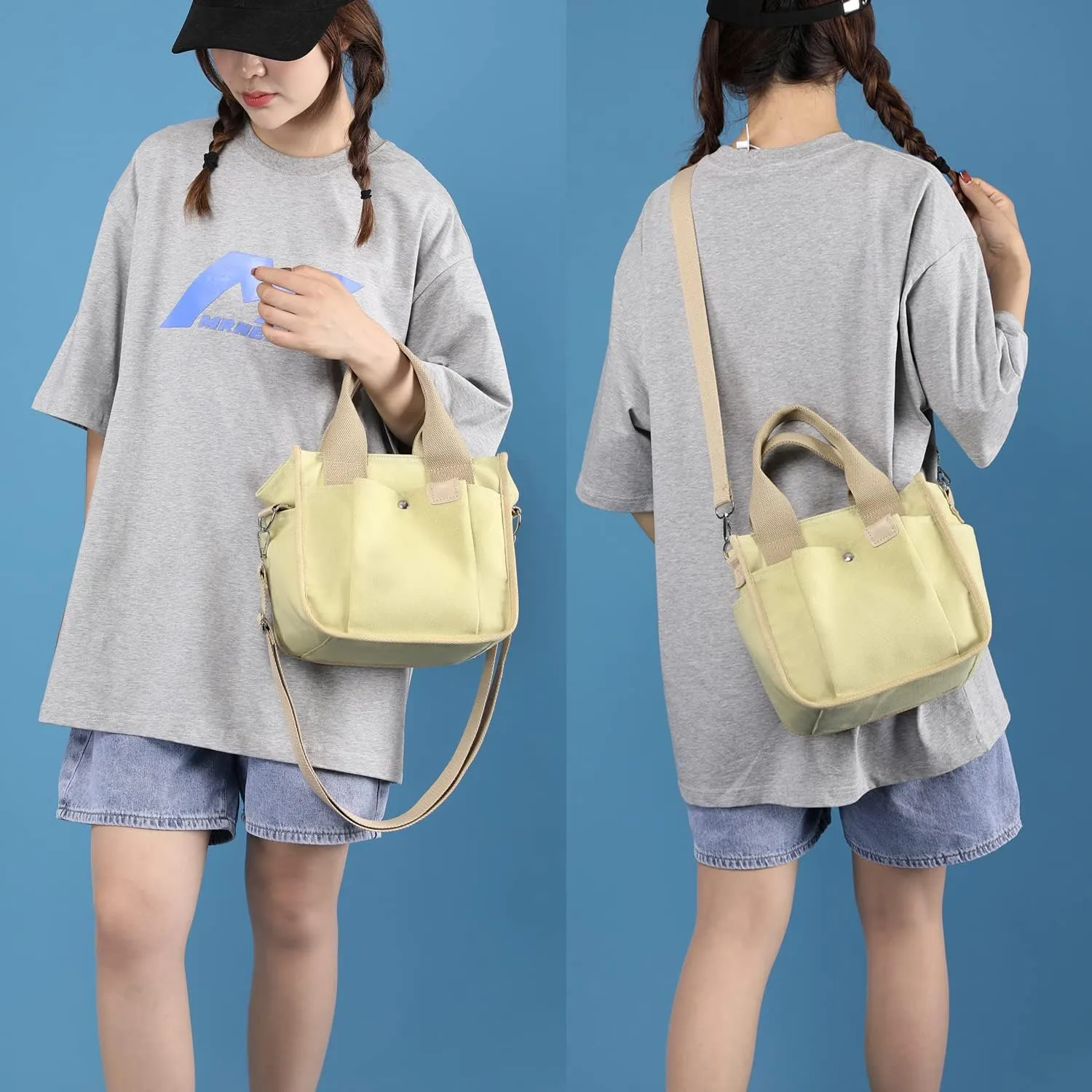 Small Canvas Tote Bag with Pockets for Women, Cute Mini Crossbody Shoulder Bags, Casual Satchel Purse Hobo Messenger Handbag