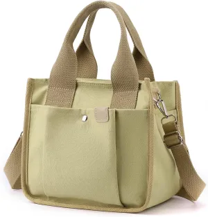 Small Canvas Tote Bag with Pockets for Women, Cute Mini Crossbody Shoulder Bags, Casual Satchel Purse Hobo Messenger Handbag