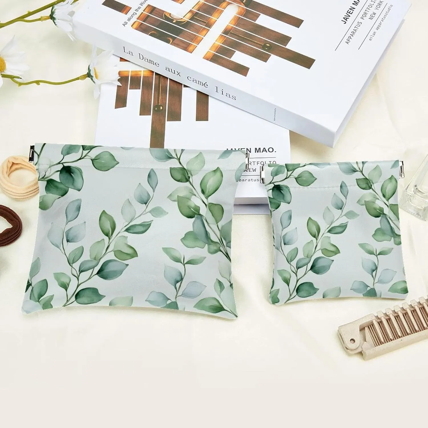 Small Pocket Cosmetic Bag, Squeeze Top Travel Makeup Bag for Purse, No Zipper Self-Closing Mini Makeup Pouch for Women Girls, Watercolor Foliage Sage Green Background