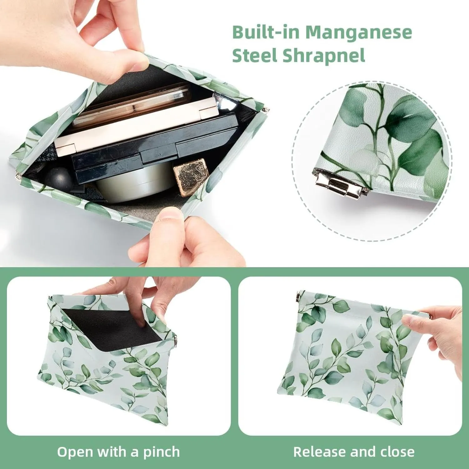 Small Pocket Cosmetic Bag, Squeeze Top Travel Makeup Bag for Purse, No Zipper Self-Closing Mini Makeup Pouch for Women Girls, Watercolor Foliage Sage Green Background