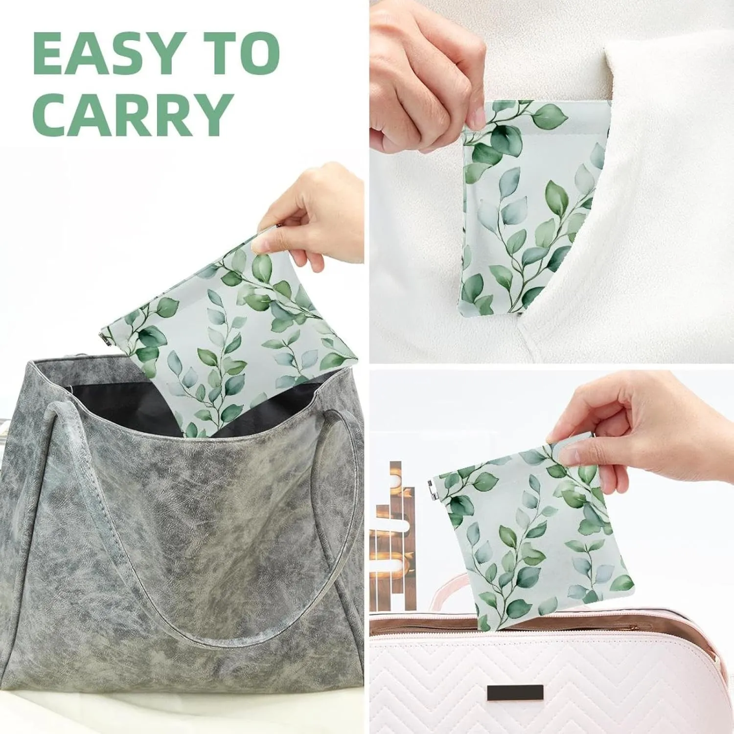 Small Pocket Cosmetic Bag, Squeeze Top Travel Makeup Bag for Purse, No Zipper Self-Closing Mini Makeup Pouch for Women Girls, Watercolor Foliage Sage Green Background
