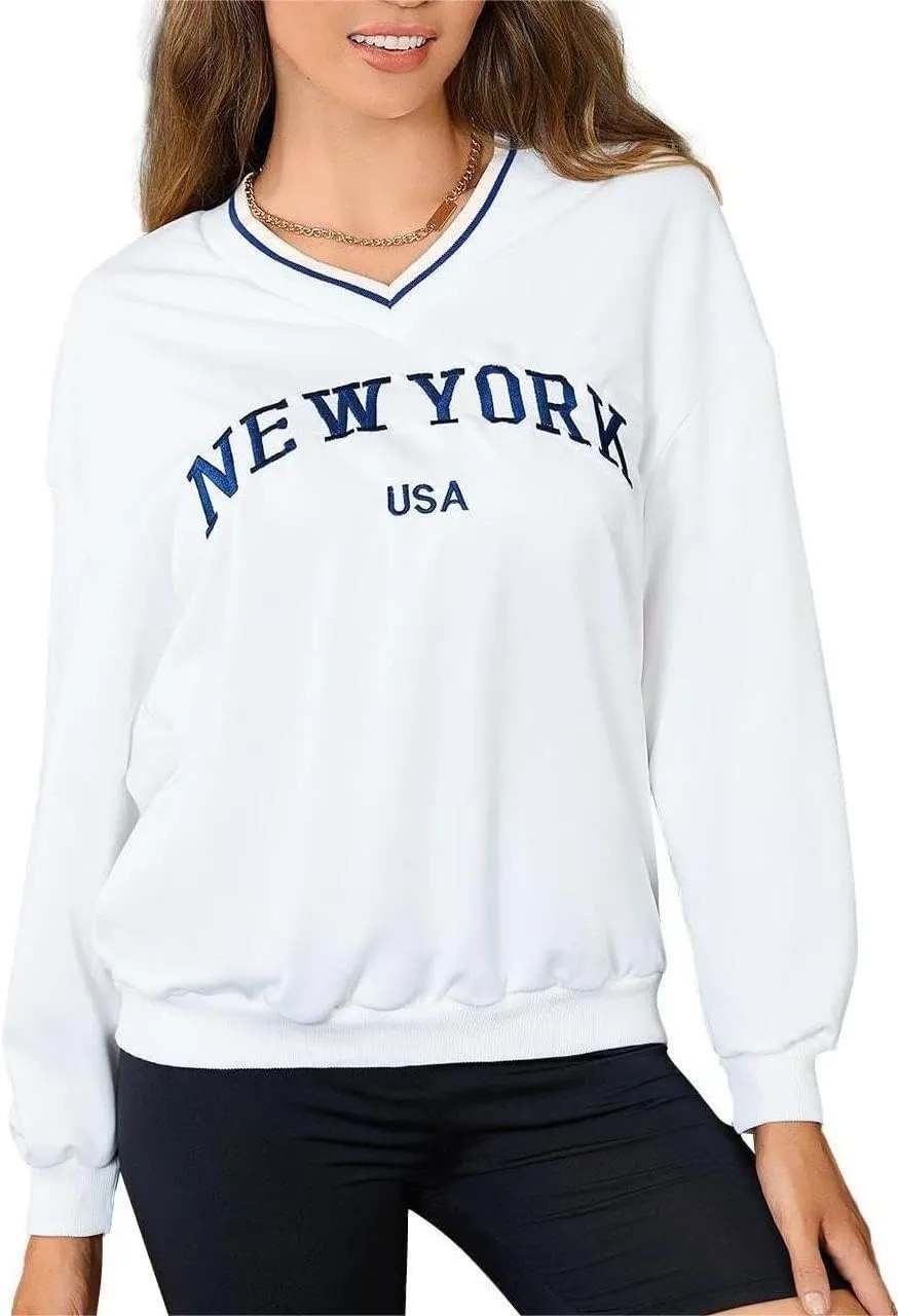 SOLY HUX Women's New York Letter Graphic Sweatshirt V Neck Long Sleeve Casual Pullover Top