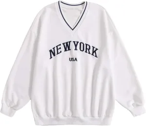 SOLY HUX Women's New York Letter Graphic Sweatshirt V Neck Long Sleeve Casual Pullover Top